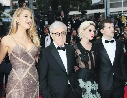  ?? — THE ASSOCIATED PRESS FILES ?? Blake Lively, left, Woody Allen, Kristen Stewart and Jesse Eisenberg at a screening for Café Society. Lively says that her ‘experience with (Allen) is he’s empowering to women.’