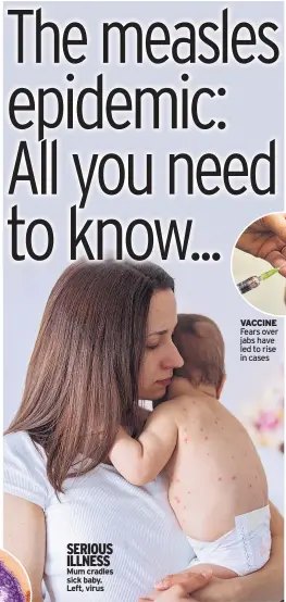  ??  ?? SERIOUS ILLNESS Mum cradles sick baby. Left, virus
Fears over jabs have led to rise in cases