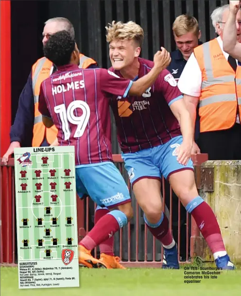  ??  ?? OH YES: Scunthorpe’s Cameron McGeehan celebrates his late equaliser