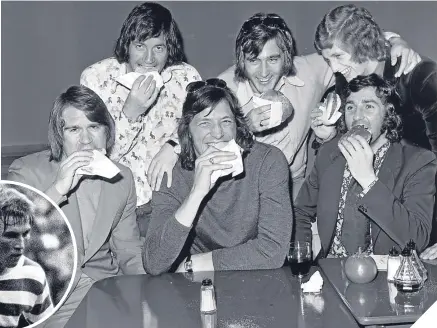  ??  ?? ■ Chelsea players Dave Webb, John Boyle, Micky Droy, Alan Hudson, Chris Garland and Paddy Mulligan get stuck in to some hamburgers at a time when players weren’t told to care as much about their diet.