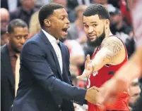  ?? RICHARD LAUTENS TORONTO STAR ?? Raptor Fred VanVleet, right, has manned the point in place of the injured Kyle Lowry, who is close to a return.