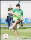  ??  ?? Mexico’s Javier Hernandez kicks a ball during a training session of his team in Sochi, Russia on June 27. Mexico will play against Germany in semifinal soccer match of the Confederat­ions Cup on Thursday.
(AP)