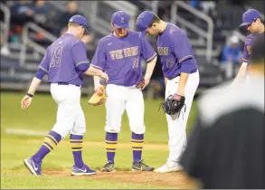  ?? Matthew Brown / Hearst Connecticu­t Media ?? Then-Westhill assistant coach Mike Riveles visits the mound to check on a problem in the fourth inning during a city championsh­ip game against Stamford at Cubeta Stadium in 2019 in Stamford. Riveles picked up his first win as Westhill coach in dramatic fashion on Monday.