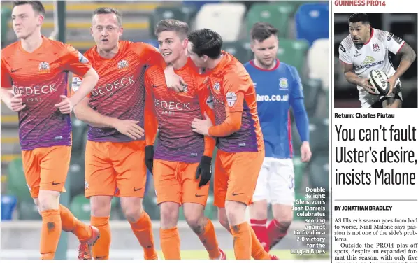  ??  ?? Double delight: Glenavon’s Josh Daniels celebrates scoring against Linfield in a 2-0 victory
for the Lurgan Blues