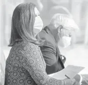  ?? JOE CAVARETTA/SOUTH FLORIDA SUN SENTINEL ?? Former Boca Raton Mayor Susan Haynie waits with her husband, Neil, before the start of proceeding­s Thursday at the Palm Beach County Courthouse in West Palm Beach.