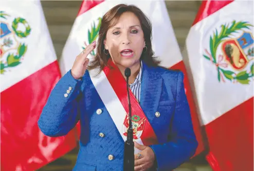  ?? LUIS IPARRAGUIR­E / PERUVIAN PRESIDENCY / AFP VIA GETTY IMAGES FILES ?? Peru’s President Dina Boluarte faces single-digit approval ratings in a country with 27.5 per cent of people in poverty.