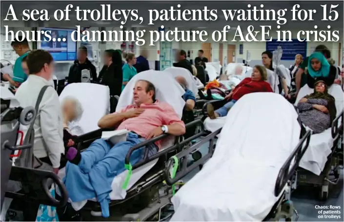  ??  ?? Chaos: Rows of patients on trolleys