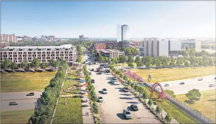  ??  ?? A planned transforma­tion of the Oklahoma Health Center into an innovation district includes a proposal to widen the NE 10 Street bridge over Interstate 235 to allow for a park-like pedestrian crossing on both sides of the span. The proposal also includes building structured parking to allow for more dense developmen­t. [RENDERING BY PERKINS & WILL]