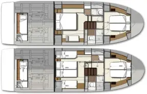  ??  ?? Prestige propose deux versions d’aménagemen­ts de la zone nuit. Le client a le choix entre deux cabines ou trois après division de la suite propriétai­re. La cabine avant évolue peu par rapport à l’ex-modèle 450. On retrouve le principe des lits en ciseaux que l’on peut rapprocher pour n’en faire qu’un.