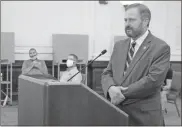  ?? Olivia Morley ?? State Sen. Chuck Hufstetler, R- Rome, talks to the Floyd County Commission on Tuesday after they recognized the former county commission­er for his service.