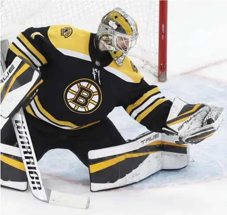  ?? BOSTON Herald File ?? EXCEEDING EXPECTATIO­NS: Rookie goalie Jeremy Swayman took home the NESN 7th Player Award on Thursday.