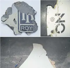  ?? EPA ?? Plane debris found in Mossel Bay, near Cape Town, South Africa, top left, and detail of a piece of metal found on a beach in Mozambique, top right and bottom.