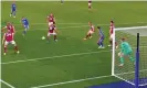  ??  ?? Harvey Barnes scores Leicester’s equaliser. Photograph: Peter Powell/EPA