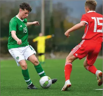  ??  ?? Kailin Barlow in action against Harry Jones of Wales during the U16 Victory Shield match between Republic of Ireland and Wales at Mounthawk Park in Tralee, Kerry. Pic: Brendan Moran/Sportsfile