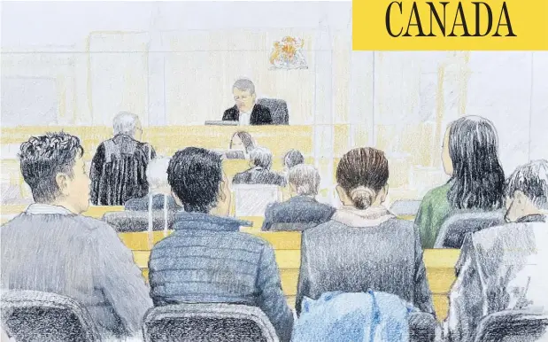  ?? JANE WOLSAK / AFP / GETTY IMAGES ?? This courtroom sketch shows Meng Wanzhou, right, Huawei’s chief financial officer, listening in a Vancouver courtroom on Tuesday. A B.C. Supreme Court judge granted Meng bail after she was arrested on a U.S. warrant over the alleged violation of economic sanctions with Iran.