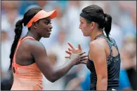  ?? AP PHOTO ADAM HUNGER ?? Sloane Stephens, of the United States, left, shakes hands with Anastasija Sevastova, of Latvia, after winning their quarterfin­al match of the U.S. Open tennis tournament, Tuesday, Sept. 5, 2017, in New York.