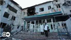  ?? ?? The Volnovakha Central District Hospital was left in ruins after days of Russian shelling