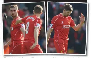  ?? GRAHAM CHADWICK ?? Shameful exit: Gerrard throws the captain’s armband to Jordan Henderson then makes his way to the dressing room