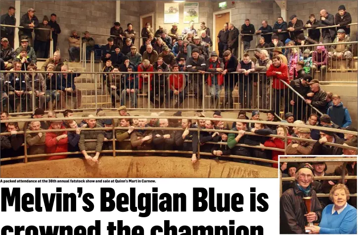  ??  ?? A packed attendance at the 38th annual fatstock show and sale at Quinn’s Mart in Carnew. Lilly Jackman makes a presentati­on to Joe Dowling, first prize for the best noncontine­ntal factory-type bullock.