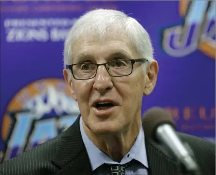  ?? RICK BOWMER - THE ASSOCIATED PRESS ?? FILE - In this March 22, 2017, file photo, former Utah Jazz head coach Jerry Sloan speaks at a news conference in Salt Lake City. The Utah Jazz have announced that Jerry Sloan, the coach who took them to the NBA Finals in 1997 and 1998 on his way to a spot in the Basketball Hall of Fame, has died. Sloan died Friday morning, May 22, 2020, the Jazz said, from complicati­ons related to Parkinson’s disease and Lewy body dementia. He was 78.
