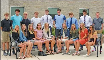  ?? Photo provided ?? YES, THERE WILL BE HOMECOMING – Minster High School Homecoming Court, back left to right – Tyler Stueve, Johnny Nixon, Phil Trzaska, Eric Schmidt, Bryan Falk, Justin Nixon, Conner Albers, Isaiah Slonkosky and Conner Gehret. Front left to right – Star Weigandt, Jayden Clune, Kate Larger, Grace Schmiesing, Kyra Oldiges, Jenna Heuker, Janae Hoying, Ivy Wolf, and Taylor Roth.