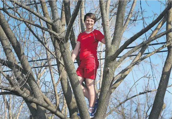 ??  ?? Mark Lee, 14, climbs a tree — one of his favourite pastimes — outside his home. He lives with his grandmothe­r, who is trying to get him into a psychiatri­c residentia­l treatment program.
