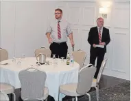  ?? JAMES CULIC METROLAND ?? Liberal candidate Dean Demizio, right, gives a concession speech at his sparsely attended election night party in Niagara Falls.