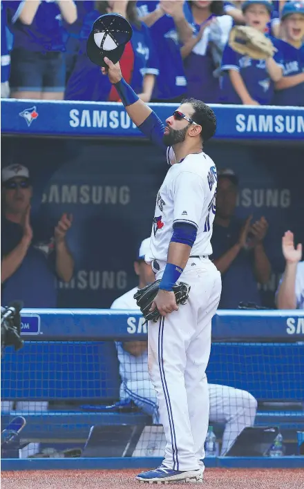  ?? — GETTY IMAGES ?? Jose Bautista waves to the 47,394 Blue Jays fans who came out to Rogers Centre on Sunday to see what may have been his final home game in Toronto, a 9-5 Jays win over the Yankees.