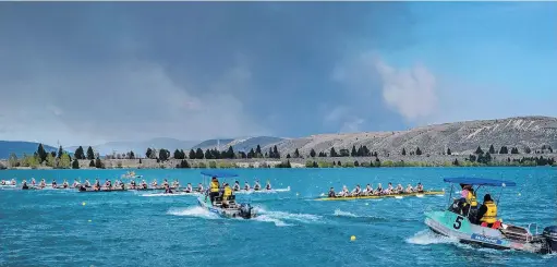  ?? PHOTO: SHARRON BENNETT ?? Under smog . . . Crews line up to compete at the Mainland Interprovi­ncial Rowing Championsh­ips at Lake Ruataniwha at the weekend.