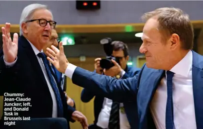  ??  ?? Chummy: Jean-Claude Juncker, left, and Donald Tusk in Brussels last night