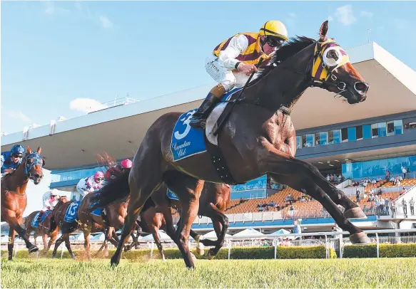  ?? Picture: AAP IMAGE ?? Jim Byrne rides Most Important to win the Lough Neagh Stakes at Doomben.