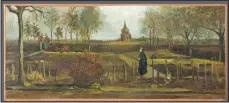  ?? (AP) ?? This image released by the Gronninger Museum on March 30, 2020, shows Dutch master Vincent van Gogh’s painting titled ‘The Parsonage Garden at Nuenen in Spring’ which was stolen from the Singer Museum in Laren, Netherland­s, March 30, 2020. A Dutch crime-busting television show has aired security camera footage showing how an art thief smashed his way through reinforced glass doors at a museum in the early hours of March 30. He later hurried out through the museum gift shop with a Vincent van Gogh painting
tucked under his right arm and the sledgehamm­er in his left hand.