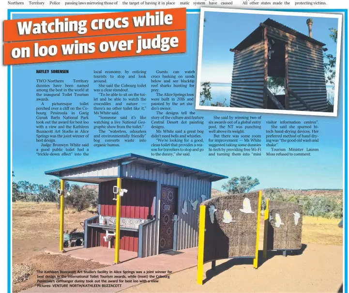  ??  ?? The Kathleen Buzzacott Art Studio’s facility in Alice Springs was a joint winner for best design in the internatio­nal Toilet Tourism awards, while (inset) the Cobourg Peninsula’s cliffhange­r dunny took out the award for best loo with a view Pictures:...
