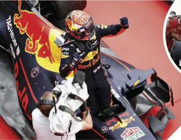  ??  ?? Left Race winner Max Verstappen celebrates in parc ferme during the Malaysian Grand Prix.