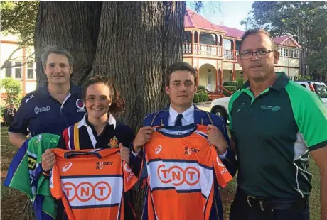  ?? Photo: DOWNS RUGBY ?? MOVING UP THE RANKS: Attending Wednesday’s referee scholarshi­p presentati­on at The Glennie School are (from left) Scott Lindblom (DDRRA president), Emilya Byrne, Tom Kelk and Rohan Hoffman from Rugby Australia.