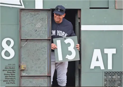  ?? MARK L. BAER, USA TODAY SPORTS ?? Alex Rodriguez emerges from the Green Monster before Thursday’s game at Fenway Park.