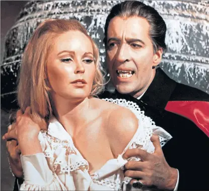  ??  ?? Christophe­r Lee and Veronica Carlson in the famous 1958 version of Bram Stoker’s gothic horror Dracula