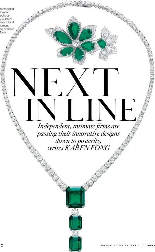  ??  ?? Emerald and diamond necklace by Gubelin; emerald and diamond ring by David Morris