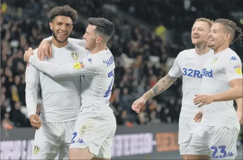 ?? PICTURE: BRUCE ROLLINSON ?? ALL SMILES: Leeds United striker Tyler Roberts celebrates the winning goal against Hull City in the Championsh­ip last night at the KCOM Stadium.