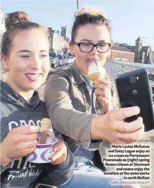  ??  ?? Marie Louise McKenna and Daisy Logue enjoy an ice cream on Portstewar­t Promenade as (right) spring flowers bloom at Stormont
and swans enjoy the sunshine at the waterworks
in north Belfast