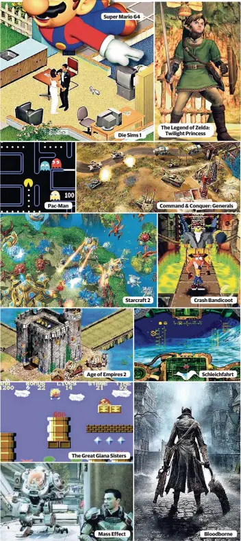  ??  ?? Schleichfa­hrt (PC, 1996) Crash Bandicoot (Playstatio­n 1996) Command &amp; Conquer: Generals (PC, 2003) Super Mario Bros. (NES, 1986) Final Fantasy 8 (Playstatio­n 1, 1999) Bloodborne (Playstatio­n 4, 2015)