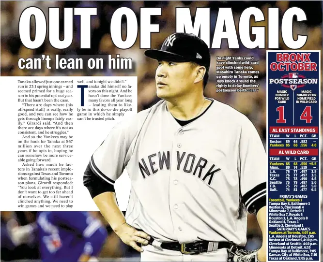  ?? GETTY ?? On night Yanks could have clinched wild-card spot with some help, Masahiro Tanaka comes up empty in Toronto, as Jays knock around the righty to delay Bombers’ postseason berth.