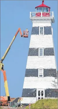  ?? ERIC MCCARTHY/JOURNAL PIONEER ?? A crew with Mallard Painting was giving the West Point Lighthouse a fresh coat of paint Thursday.