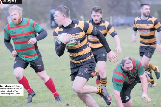  ??  ?? Easy does itCallum Simpson runs in one of his two tries for East Kilbride against Oban