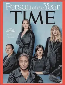  ?? FOTO: AFP PHOTO / TIME INC./BILLY & HELLS/HANDOUT ?? „The Silence Breakers“– diejenigen, die ihr Schweigen brechen (von links): Isabel Pascual (Pseudonym), Ashley Judd (hinten stehend), Adama Iwu (vorne), Susan Fowler und Taylor Swift sind auf dem Cover des „Time“-Magazins zu sehen.