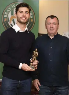  ??  ?? Player of the Month for July, Evan Moran, with Rob Pierce at the Bray Wanderers Awards Night at the Royal Hotel.