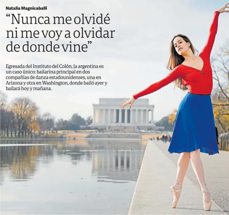  ?? ROBERTO CANDIA ?? Bailar, pese al frío. Natalia y su elegante paso en el centro de la Washington, entre el Obelisco y el Lincoln Memorial. La argentina es una figura de la danza allí.