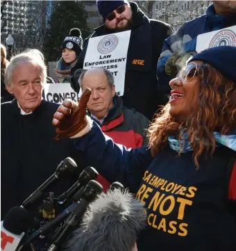  ?? CHRIS CHRISTO PHOTOS / HERALD STAFF ?? ‘WE WANT TO WORK’: Bay State U.S. Sen. Ed Markey joined federal workers at a protest Friday in Post Office Square, railing against President Trump and the government shutdown that is costing employees their paychecks.