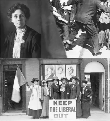  ??  ?? Desde arriba, izquierda en sentido horario: retrato de la activista inglesa Emmeline Pankhurst; imagen protagoniz­ada por Pankhurst y sus hijas con la policía al tratar de ingresar al Palacio de Buckingham para presentar una petición al rey; imagen de lassuffrag­ettes británicas en el año de 1909.