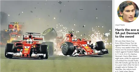  ?? /AFP ?? Team disaster: Kimi Raikkonen, right, collides with Ferrari teammate Sebastian Vettel at the Singapore Grand Prix on Sunday. Lloyd Harris